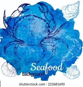 Seafood vector illustration. Template with sketch style crab and blue watercolor background.