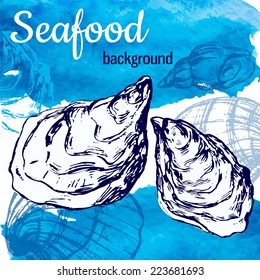 Seafood vector illustration. Template with sketch style oysters and blue watercolor background.