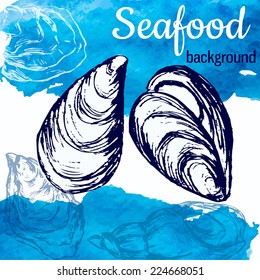 Seafood vector illustration. Template with sketch style mussels and blue watercolor background.
