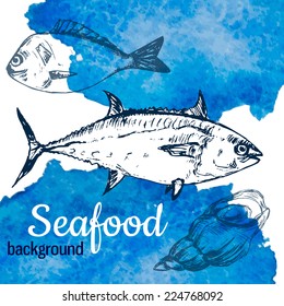 Seafood vector illustration. Template with sketch style fish and blue watercolor background.
