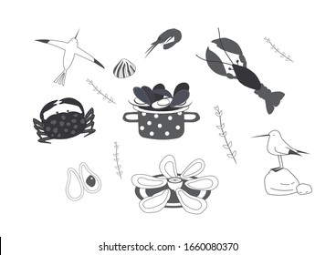 Seafood vector illustrations black and white. Vector icons oysters, mussels, lobster, squid, crabs, prawns, shrimp, shells.