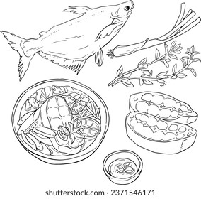 Seafood. Vector illustrations. Isolated objects on a white background. Hand-drawn style.Top view. line vector set 