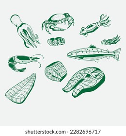 Seafood vector illustrations set flat fresh fish and crab. Lobster and oyster, shrimp and menu, octopus animal, shellfish lemon