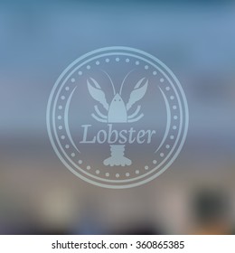Seafood vector label, emblem or logo isolated on blurred background, restaurant menu design elements, round vintage label with lobster and rope