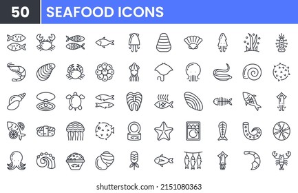 Seafood-Vektorsymbol-Zeichensatz. Enthält lineare Rahmensymbole wie Fisch, Garnelen, Kalmare, Krebse, Austern, Muscheln, Hummer, Schildkröte, Tintenfisch, Lachs, Kaviar, Tintenfisch. Bearbeitbare Verwendung und Schlaganfall.