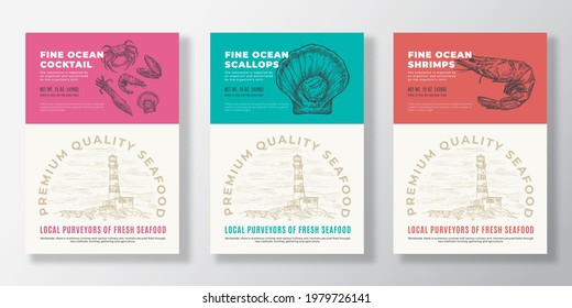 Design der Seafood-Vektorverpackung oder Labelvorlagen Set. Banner für Meeresprodukte und Meeresprodukte. Moderne Typografie und handgezeichnete Hummer, Kalmare, Krabben, Muschel Shell - Silhouettes Hintergründe Layout-Sammlung