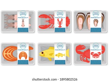 Seafood vector packaging illustration.salmon, squid, fish, mussels, crab, lobster with white foam tray with plastic film mockup. Modern style fish label vector illustration.