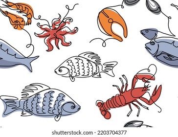 Seafood vector pattern. One continuous line art drawing of seafood pattern.