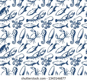 Seafood vector pattern. Sea creatures, fish. Fishing and restaurant business texture design. Blue silhouette of fish background for banner, flyer, poster, prints. Modern seamless texture desig