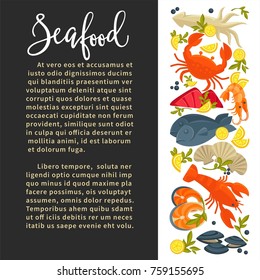 Seafood vector poster of fresh fish sea food catch for restaurant cooking recipe