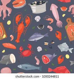 Seafood vector sea fish shellfish and lobster on fishmarket illustration fishery set of salmon prawn for ocean gourmet dinner isolated on seamless pattern background