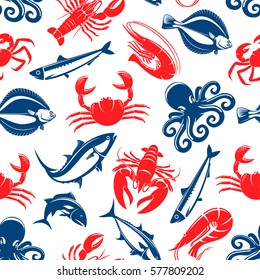 Seafood vector seamless pattern of fish and crab, shrimp and flounder, tuna and salmon, squid, herring and octopus. Tile design for restaurant or fish food cuisine or industry or market shop