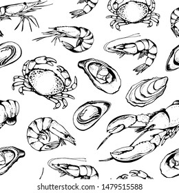 Seafood vector seamless pattern, food vector background in sketch style: lobsters, crabs, shrimps, oysters, mussels