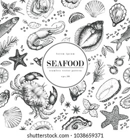 Seafood vector seamless pattern for restaurants, emblem, vector image. Retro illustration