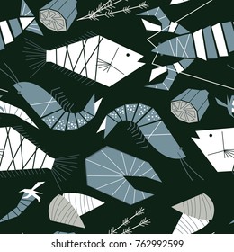 Seafood vector seamless pattern.  Wallpaper with fish,  lobster, shrimp, salmon and mussels. Healthy ocean meals flat styly background. 