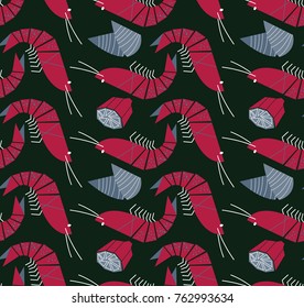 Seafood Vector Seamless Pattern.  Wallpaper With Shrimp, Mussels And Lemon. Healthy Ocean Meals Flat Styly Background. 