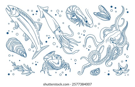 Seafood vector set. Hand drawn marine elements. Octopus, shrimp, langoustines, salmon, trout, oysters, mussels, squid, crab, lemon, rosemary. Coloring book, restaurant menus, vintage illustration.