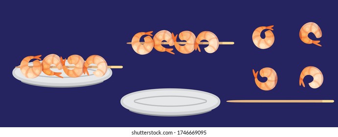 Seafood Vector. Shrimps, prawns, grilled shrimps on bamboo stick collection vector illustrations. Shrimp icon. Grilled Shrimps. Prawns isolated. Prawns vector.