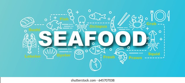 seafood vector trendy banner design concept, modern style with thin line art seafood icons on gradient colors background
