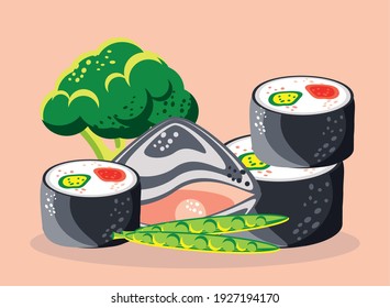 seafood vegetables broccoli sushi food