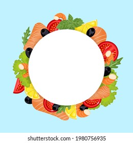 Seafood and vegetables in cartoon style. Vector illustration. Round template with empty space for text with shrimp, salmon, olive, lemon, tomato, arugula on blue isolated background. Copy space. 