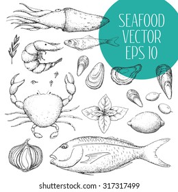 Seafood. Vintage black and white illustration in the style of engravings. Hand drawn food vector background. Fish and mussels.