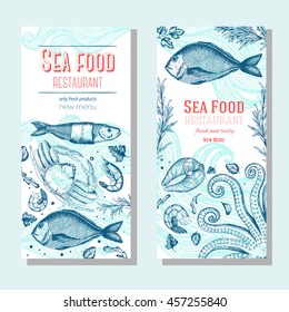 Seafood vintage design template, banners set. Seafood vector illustration hand drawn linear art. Restaurant menu.