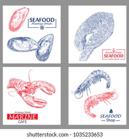 Seafood vintage design template set. Vector illustration hand drawn linear art.