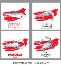 Seafood vintage design template set. Vector illustration hand drawn linear art.