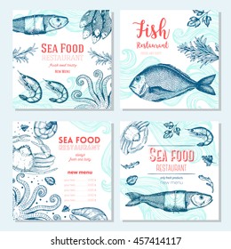 Seafood vintage design template.  Square banners set. Vector illustration hand drawn linear art. Fish and seafood restaurant menu. Hand drawn sketch seafood menu vector banners