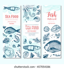 Seafood vintage design template. Vertical banners set. Vector illustration hand drawn linear art. Fish and seafood restaurant menu. Hand drawn sketch seafood vector banners