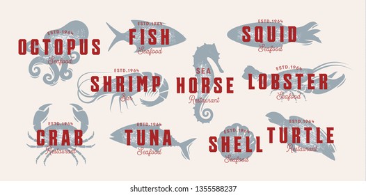 Seafood vintage logo set. Sea creatures, fishing or restaurant emblems. Retro style logo template. Modern emblem idea. Concept design for business. Isolated vector illustration on white background.
