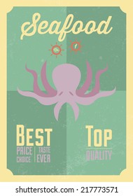 Seafood vintage poster in flat design style / Seafood poster with BEST, PRICE, CHOICE, TASTE, EVER, TOP, QUALITY inscription / Typographic vector illustration