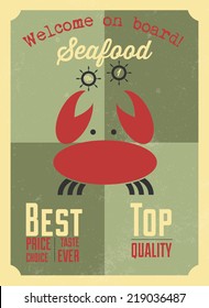 Seafood vintage poster in flat design style / Seafood poster with Welcome on board, BEST, PRICE, CHOICE, TASTE, EVER, TOP, QUALITY inscription / Typographic vector illustration