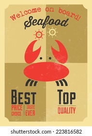 Seafood vintage poster in flat design style / Seafood poster with Welcome on board, BEST, PRICE, CHOICE, TASTE, EVER, TOP, QUALITY inscription / Typographic vector illustration