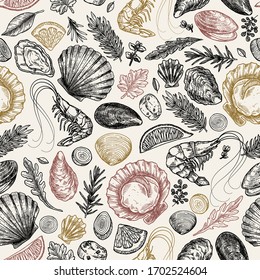 Seafood vintage various seamless pattern. Shrimp, mussel, oyster, seashell, herbs. Vector illustration