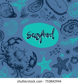 Seafood vintage vector design template, banner. Seafood vector illustration hand drawn. Restaurant menu.