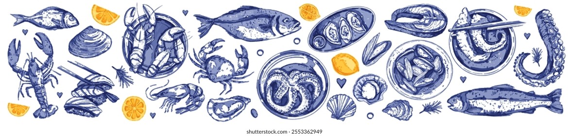 Ilustração em aquarela de frutos do mar, kit azul comestível de molusco de peixe, ostra fresca de oceano desenhada à mão vetorial. jantar de camarão delicadeza mediterrânea, polvo asiático, mexilhão, filé de salmão, camarão. Mercado de frutos do mar