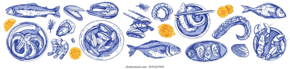 Ilustração em aquarela de frutos do mar, kit de comida de molusco de peixe desenhado à mão vetorial, ostra fresca de oceano azul. jantar de camarão delicadeza mediterrânea, polvo asiático, mexilhão, filé de salmão, camarão. Mercado de frutos do mar