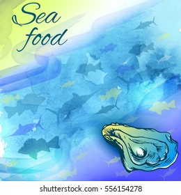 Seafood watercolor poster. Template for menu or brochure. Vector illustration