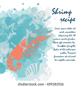 Seafood watercolor splash background recipe with shrimp