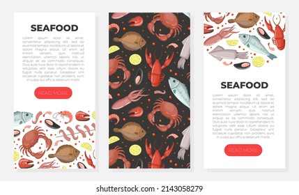 Seafood web banners set. Fish market, restaurant, fishery products shop mobile app interface
