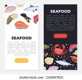 Seafood web banners set. Fresh organic sea products landing page, mobile application template vector illustration