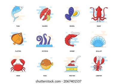 Seafood web concept stroke flat line icons isolated set. Fishes or shellfish menu bundle. Graphic linear symbols collection for website design. Vector conceptual pack outline pictograms for mobile app