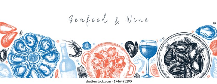 Seafood and wine banner design in color. Shellfish frame with mollusks, shrimps, fish sketches. Perfect for recipe, menu, delivery, packaging. Vintage mussels and oyster background.