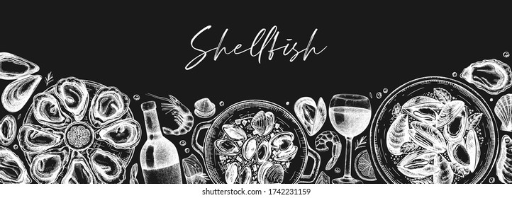 Seafood and wine banner design on chalkboard. Shellfish frame with mollusks, shrimps, fish sketches. Perfect for recipe, menu, delivery, packaging. Vintage mussels and oyster background on chalk board