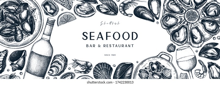 Seafood and wine banner design. Shellfish frame with mollusks, shrimps, fish sketches. Perfect for recipe, menu, delivery, packaging. Vintage delicacy food - mussels and oyster background. 