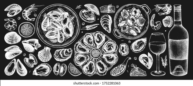 Seafood and wine illustrations collection on chalkboard. Hand drawn shellfish - mussels, oyster, shrimps, caviar, fish sketches. Perfect for recipe, menu, delivery, packaging. Mediterranean cuisine