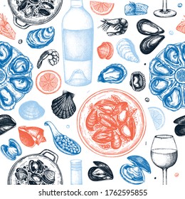 Seafood and wine illustrations seamless pattern. Hand drawn shellfish - mussels, oyster, shrimps, caviar, fish sketches. Perfect for recipe, menu, delivery, packaging. Mediterranean cuisine background