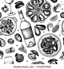 Seafood and wine illustrations seamless pattern. Hand drawn shellfish - mussels, oyster, shrimps, caviar, fish sketches. Perfect for recipe, menu, delivery, packaging. Mediterranean cuisine background